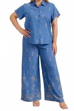 NEW FASHION SPACE women graphic print top and pants set - plus size in blue